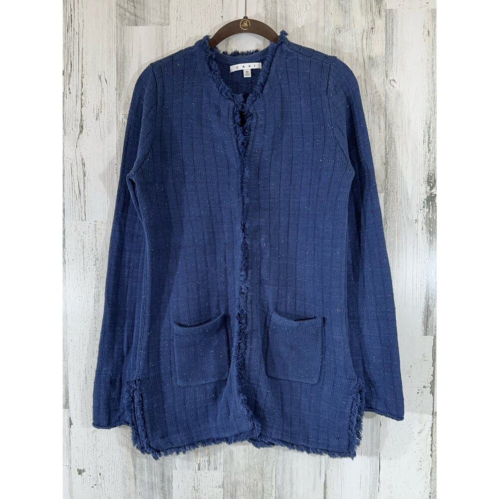 Cabi Navy Cardigan Sweater Sz Medium Multicolor Flecks Hook Closure Fringe Hems